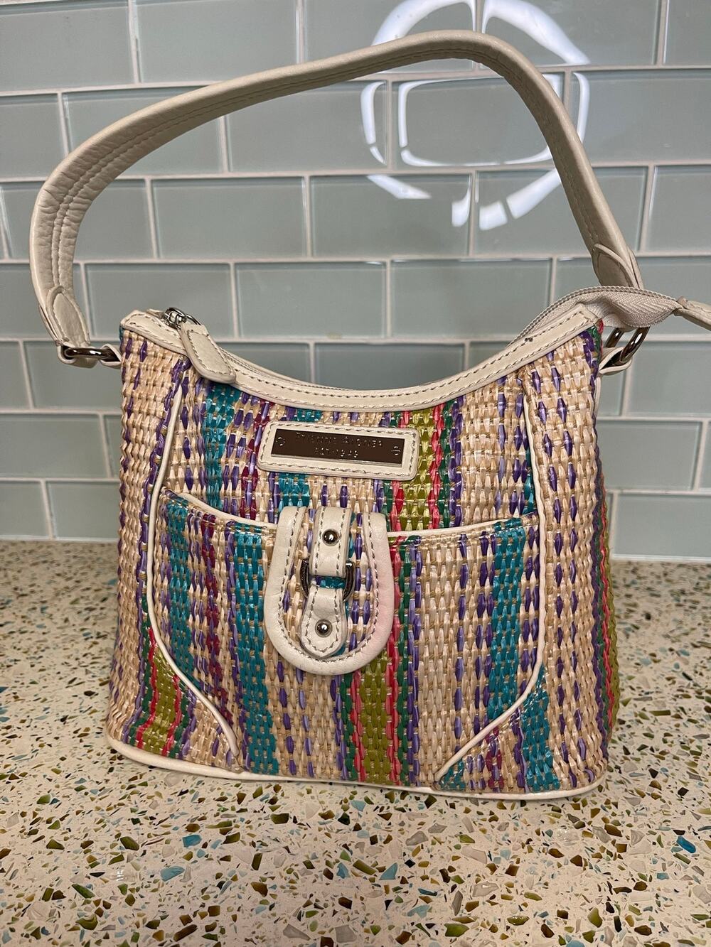 Multicolor Woven Straw Small Shoulder Bag Baguette Etienne Aigner